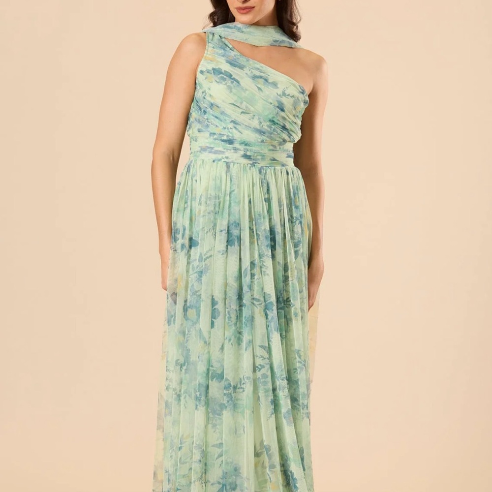 One-Shoulder Floral Chiffon Maxi Dress in Mint Green